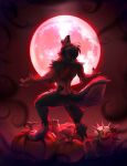  2022 anthro blood_moon butt canid canine canis digital_media_(artwork) digitigrade domestic_dog female food fruit full_moon fur hi_res howl husky koul mammal moon nordic_sled_dog open_mouth plant pumpkin solo spitz 