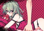  1girl apple eating food fruit green_hair koyashaka lingerie looking_at_viewer looking_to_the_side lying on_stomach original pale_skin panties purple_eyes sweet_devil_(vocaloid) thighs underwear 