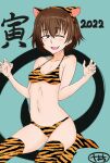  1girl 2022 animal_print artist_name bangs bikini boots breasts brown_eyes brown_hair chinese_zodiac claw_pose commentary eyebrows_visible_through_hair fang freckles girls_und_panzer hachi8882525 half-closed_eye halterneck highres looking_at_viewer navel one_eye_closed open_mouth print_bikini print_footwear short_hair signature sitting small_breasts smile solo swimsuit thigh_boots thighhighs tiger_print tsuchiya_(girls_und_panzer) year_of_the_tiger yellow_bikini yellow_footwear 