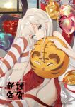  1girl 2022 alternate_costume animal_print blonde_hair blue_dress blue_eyes blush bunny_print china_dress chinese_clothes chinese_zodiac closed_mouth commission dress eyebrows_visible_through_hair happy_new_year hatsuzuki_527 highres kantai_collection long_hair new_year shimakaze_(kancolle) solo striped striped_legwear thighhighs twitter_username year_of_the_tiger 