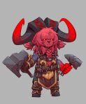  1girl absurdres bangs belt blunt_bangs braid brown_belt brown_gloves closed_mouth colored_skin exaxuxer furry furry_female genderswap genderswap_(mtf) gloves grey_background hammer highres holding holding_hammer horns league_of_legends long_hair looking_at_viewer ornn red_eyes red_skin shiny shiny_hair simple_background solo standing twin_braids twintails 