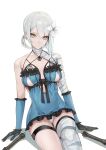  1girl areola_slip areolae black_gloves blue_dress braid breasts closed_mouth dress flower gloves grey_hair hair_flower hair_ornament hair_rings highres kaine_(nier) looking_at_viewer masuo medium_breasts nier nier_(series) orange_eyes panties simple_background sitting solo underwear white_background white_flower white_panties 