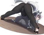  1girl animal_ears black_footwear black_pants breasts dog_ears dog_girl dog_tail gigantic_breasts grey_hair grey_shirt hands_on_ground highres husky jack-o&#039;_challenge konoshige_(ryuun) light_blue_eyes long_hair multicolored_hair original pants personification shirt shoes smile solo tail tail_wagging top-down_bottom-up two-tone_hair very_long_hair white_hair wide_spread_legs 