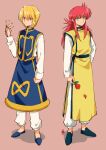  2boys absurdres blonde_hair chain chinese_clothes crossover eda_mame flower green_eyes highres holding holding_flower hunter_x_hunter kurama_(yu_yu_hakusho) kurapika long_hair long_sleeves male_focus multiple_boys red_eyes red_hair short_hair smile standing yu_yu_hakusho 