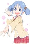  1girl :d bangs blue_eyes blue_hair blush bright_pupils commentary_request eyebrows_visible_through_hair hair_cubes hair_ornament hand_up ixy long_hair long_sleeves looking_at_viewer naganohara_mio nichijou plaid plaid_skirt red_skirt sailor_collar school_uniform shirt short_hair simple_background skirt smile solo tokisadame_school_uniform twintails white_background white_pupils white_sailor_collar yellow_shirt 