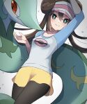  0roshioji3ran 1girl bangs blush bow breasts bright_pupils brown_hair closed_mouth commentary_request double_bun green_eyes highres legwear_under_shorts long_hair looking_at_viewer pantyhose pink_bow pokemon pokemon_(creature) pokemon_(game) pokemon_bw2 raglan_sleeves rosa_(pokemon) serperior shirt short_shorts shorts smile split_mouth twintails twitter_username visor_cap white_background white_pupils yellow_shorts 