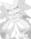  2021 absurd_res anthro big_breasts breasts canid canine chest_tuft delphox fangs female fox greyscale hi_res inner_ear_fluff looking_at_viewer looking_down mammal monochrome navel nintendo nyaswitchnya open_mouth pok&eacute;mon pok&eacute;mon_(species) simple_background sketch solo stick tuft upper_body video_games white_background 