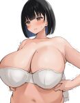  1girl absurdres belly black_hair bra breasts brown_eyes eyebrows_visible_through_hair fat highres huge_breasts looking_down medium_hair mole mole_on_breast navel neneneji open_mouth original plump simple_background solo trembling underwear white_background white_bra 