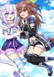  2girls animal_ears black_legwear bone_hair_ornament breasts brown_eyes brown_hair choker cosplay d-pad d-pad_hair_ornament fuyumi_kazuki hair_ornament happy highres hololive if_(neptune_series) if_(neptune_series)_(cosplay) inugami_korone medium_breasts multiple_girls nekomata_okayu neptune_(neptune_series) neptune_(neptune_series)_(cosplay) neptune_(series) open_mouth purple_eyes purple_hair smile striped striped_legwear tail thighhighs virtual_youtuber 