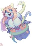  anthro aruurara big_breasts blue_body blue_eyes blue_fur breasts domestic_cat duo fangs felid feline felis female female/female fur hair long_hair mammal open_mouth reptile scalie smile snake tongue tongue_out wide_hips wraps 