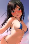  1girl absurdres bangs bare_shoulders bikini black_hair blue_bikini blush breasts brown_eyes cloud eyebrows_visible_through_hair highres long_hair looking_at_viewer matsunaga_kouyou medium_breasts navel open_mouth original sideboob sky smile standing swimsuit teeth underboob upper_body upper_teeth 