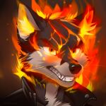  1:1 2022 anthro biker_jacket black_clothing black_jacket black_topwear canid canine clothing digital_media_(artwork) fire fox fur jacket koul male mammal sharp_teeth solo teeth topwear 