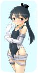  1girl black_hair black_swimsuit competition_swimsuit cosplay cowboy_shot embarrassed gloves highleg highleg_swimsuit houshou_(kancolle) kantai_collection long_hair looking_at_viewer one-hour_drawing_challenge one-piece_swimsuit ponytail ray.s scamp_(kancolle) scamp_(kancolle)_(cosplay) short_shorts shorts solo standing swimsuit white_gloves white_shorts 