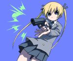  1girl aiming aiming_at_viewer bangs black_necktie black_ribbon black_skirt blazer blonde_hair blue_background blue_eyes closed_mouth collared_shirt commentary finger_on_trigger firing firing_at_viewer grey_jacket gun hair_between_eyes hair_ribbon handgun highres holding holding_gun holding_weapon jacket kill_me_baby long_hair long_sleeves looking_at_viewer miniskirt necktie pleated_skirt ribbon school_uniform shirt simple_background skirt solo sonya_(kill_me_baby) twintails very_long_hair weapon white_shirt yachima_tana 