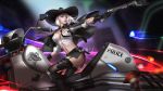  1girl arm_tattoo ashe_(overwatch) belt black_footwear black_gloves black_hat black_legwear black_neckwear black_skirt blurry blurry_background boots breasts buttons cleavage collared_shirt commentary cowboy_hat crop_top cuffs earrings eyeliner fingerless_gloves garter_straps gloves ground_vehicle gun handcuffs handgun hat highres holster jewelry knee_pads liang_xing lips lipstick looking_to_the_side makeup medium_breasts medium_hair messy_hair midriff miniskirt mole_above_mouth motor_vehicle motorcycle nail_polish necktie night nose outstretched_arm overwatch pocket police rain red_eyes red_lipstick revolver sheriff_badge shirt short_hair sitting skirt sleeves_folded_up smoke smoking_gun solo tattoo thighhighs traffic_cone weapon white_hair white_shirt wind 