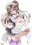  apron blush breasts brown_hair censored cum earrings ejaculation erect_nipples erection futanari genital_piercing glasses handsfree_ejaculation jewelry jinjin large_breasts long_hair maid maid_apron maid_headdress nipple_piercing nipples no_bra no_panties open_mouth penis penis_piercing piercing ponytail ribbon simple_background skirt smile solo testicles thighhighs veins veiny_penis 