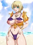  areola_slip areolae bikini blonde_hair breasts cyan_eyes huge_breasts jewelry king_of_fighters necklace nipples snk swimsuit water_beryl 