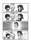  3girls 4koma :3 ^_^ alternate_costume animal_ears capelet chibi closed_eyes closed_mouth coat comic emphasis_lines extra_ears eyes_closed gloves greyscale highres hippopotamus_(kemono_friends) hippopotamus_ears holding holding_clothes jacket kaban_(kemono_friends) kemono_friends kotobuki_(tiny_life) long_sleeves looking_at_another merry_christmas monochrome multiple_girls pants scarf serval_(kemono_friends) serval_ears serval_print serval_tail shirt sidelocks smile standing tail 