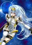  1girl android blue_hair breasts chokokurimo commentary cyborg english_commentary forehead_protector gloves kos-mos long_hair lowres red_eyes solo thighhighs very_long_hair xenosaga 