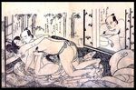  1girl 2boys fine_art_parody indoors japan monochrome multiple_boys nihonga parody penetration sex shunga ukiyo-e uncensored 