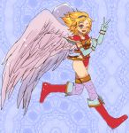 1girl angel_wings armor ass blonde_hair blue_eyes boots breastplate breasts breath_of_fire breath_of_fire_i commentary_request gloves hairband hota_(29812) leotard nina_(breath_of_fire_i) red_leotard short_hair smile solo thighhighs white_wings wings 