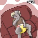  1:1 absurd_res anthro bodily_fluids bovid caprine diaper eyes_closed fur furniture genital_fluids goat grey_body grey_fur hi_res horn leaking_diaper male male/male mammal on_sofa rubbing_crotch sitting sitting_on_sofa sofa solo thyro urine watersports wet_diaper wetting 