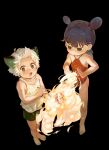  2boys absurdres bangs bare_legs barefoot black_background black_eyes black_hair black_shorts blunt_bangs blush chenyige chinese_clothes double_bun dudou fire glowing highres luoxiaohei multiple_boys nezha_(the_legend_of_luoxiaohei) short_hair shorts simple_background tank_top the_legend_of_luo_xiaohei white_hair white_tank_top 
