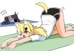  1girl animal_ears ass bare_legs barefoot blonde_hair blue_eyes capoki cat_ears cat_tail dinergate_(girls&#039;_frontline) exercise fang flying_sweatdrops foot_out_of_frame girls&#039;_frontline hair_ornament hairclip idw_(girls&#039;_frontline) looking_at_viewer medium_hair one_eye_closed open_mouth shirt short_sleeves shorts simple_background solo stretch tail top-down_bottom-up twintails white_background white_shirt yoga_mat 