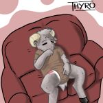  1:1 absurd_res anthro bovid caprine diaper eyes_closed fur furniture goat grey_body grey_fur hi_res horn male male/male mammal on_sofa onesie rubbing_crotch sitting sitting_on_sofa sofa solo thyro 