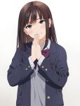  1girl artist_name blazer blush bow bowtie brown_eyes brown_hair jacket long_hair looking_at_viewer mattaku_mousuke original own_hands_together school_uniform solo upper_body watermark 