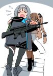  2girls =_= boots capoki crying daewoo_k3 girls&#039;_frontline gun hair_ornament hairband hairclip highres human_shield k2_(girls&#039;_frontline) k3_(girls&#039;_frontline) long_hair multiple_girls one_side_up pushing shoes stairs tears walking wavy_mouth weapon 