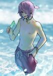  2boys 2n5 androgynous bracelet food hand_in_pocket highres holding jewelry male_focus multiple_boys navel nipple_piercing nipples original partially_submerged piercing ponytail popsicle purple_hair shorts topless_male water 