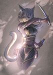  1girl animal_ears artist_name avatar_(ff11) bangs breasts cat_ears cat_girl cat_tail dual_wielding elbow_gloves final_fantasy final_fantasy_xi fishnet_legwear fishnets gloves highres holding holding_sword holding_weapon katana long_hair medium_breasts mithra_(ff11) ninja_(final_fantasy) no_bra panties piyoco red_gloves red_legwear red_panties scorpion_harness sideboob silver_hair solo sword tail thighhighs underwear weapon white_eyes 