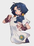  1girl :o black_hair blue_eyes brown_gloves clenched_hand dragon_ball dragon_ball_z fingerless_gloves gloves grey_background kemachiku looking_at_viewer open_mouth shirt short_sleeves simple_background solo t-shirt twintails videl white_shirt 