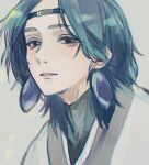  1boy black_eyes blue_hair chinese_clothes chromatic_aberration earrings grey_background jewelry lanxi_zhen laojun_(the_legend_of_luoxiaohei) long_hair looking_at_viewer parted_lips robe simple_background smile solatky solo the_legend_of_luo_xiaohei 
