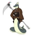  anthro apode clothing coat draconcopode elapid_(snake) fangs fin gloves handwear jewelry legless male melee_weapon naga necklace notkastar polearm reptile scales scalie scythe sea_snake serpentine shirt snake solo topwear weapon 
