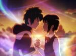  1boy 1girl blurry brown_hair commentary_request eye_contact holding_hands hood hoodie interlocked_fingers kimi_no_na_wa. looking_at_another miyamizu_mitsuha red_ribbon revision ribbon short_hair spoilers sunday-offline tachibana_taki 