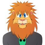  2022 anthro black_clothing black_shirt black_topwear blue_eyes bust_portrait cheek_tuft clothing determined digital_drawing_(artwork) digital_media_(artwork) dip-chip facial_tuft fangs felid fur hair hi_res lion male mammal mane matt_(scratch21) orange_hair orange_mane pantherine pink_nose portrait scratch21 shirt simple_background smile solo tan_body tan_fur topwear tuft whiskers white_background yellow_body yellow_fur 