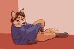  3:2 anthro balls bedroom_eyes biped bottomless canid canine clothed clothing erection fox furvidd genitals hi_res holding_penis looking_at_viewer male mammal narrowed_eyes partially_clothed penis penis_under_shirt seductive solo sweater topwear 