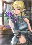  1girl :t artist_name avatar_(ff11) bangs bare_shoulders blonde_hair blue_gloves blunt_bangs breasts closed_mouth elbow_gloves elf elvaan eyebrows_visible_through_hair final_fantasy final_fantasy_xi food fruit gloves grapes hand_up highres holding holding_food holding_fruit light_blue_eyes medium_breasts navel piyoco pointy_ears short_hair short_twintails solo twintails 