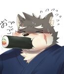  absurd_res anthro asian_clothing blush canid canine canis cheek_bulge clothing domestic_dog east_asian_clothing ehomaki eyebrows food hi_res japanese_clothing kimono lifewonders makizushi male mammal moritaka scar solo struggling sushi thick_eyebrows tokyo_afterschool_summoners video_games zuboboz 