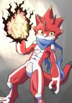 abs absurd_res anthro baitotackey bandai_namco betelgammamon claws digimon digimon_ghost_game elemental_manipulation fire fire_manipulation hi_res horn male muscular muscular_anthro muscular_male pecs red_body scalie scarf solo yellow_eyes 