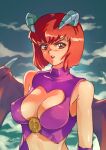  1girl artist_name bare_shoulders blush breasts brown_eyes cleavage cloud cloudy_sky commentary covered_collarbone covered_nipples english_commentary horns large_breasts looking_at_viewer monster_farm orange_hair outdoors parted_lips pixie_(monster_farm) purple_shirt shirt short_hair sky sleeveless sleeveless_shirt solo upper_body urumi_(urumi00) wings 
