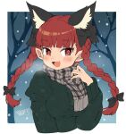  1girl animal_ear_fluff animal_ears bangs black_bow blunt_bangs blush bow braid breasts breath cat_ears cropped_torso dated duplicate extra_ears eyebrows_visible_through_hair fang fingernails green_sweater hair_bow hand_up iroyopon kaenbyou_rin long_hair long_sleeves looking_at_viewer medium_breasts open_mouth plaid plaid_scarf pointy_ears red_eyes red_hair red_nails scarf sharp_fingernails signature smile snowing solo sweater touhou tree twin_braids twintails upper_body very_long_fingernails winter_clothes 