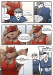  anthro boss_(gym_pals) canid canine canis clothing comic dialogue english_text felid gym_pals h155296 hat headgear headwear hi_res male mammal myosotis_(gym_pals) pantherine shirt tank_top text tiger topwear wolf 