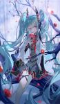  1girl absurdly_long_hair absurdres aqua_eyes aqua_hair aqua_nails arm_support bangs bare_tree blurry blurry_background blurry_foreground branch chinese_clothes commentary_request feet_out_of_frame flower grey_sky hair_ornament hatsune_miku highres holding holding_flower kanose long_hair looking_at_viewer nail_polish outdoors petals red_flower sidelocks sitting_on_branch smile solo tree very_long_hair vocaloid white_clothes 
