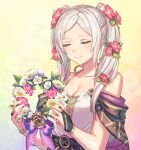  1girl alternate_costume anbe_yoshirou bare_shoulders belt black_belt black_gloves braid breasts bridal_gauntlets cleavage closed_eyes closed_mouth collarbone commentary_request dress fingernails fire_emblem fire_emblem_awakening fire_emblem_heroes flower gloves hair_flower hair_ornament head_wreath highres holding leaf long_hair medium_breasts o-ring_belt official_alternate_costume pink_flower robin_(fire_emblem) robin_(fire_emblem)_(female) sleeveless sleeveless_dress smile solo twintails upper_body white_dress white_flower white_hair 