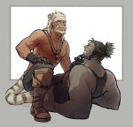  2boys :p animal_ears bara beard blue_eyes blush dark-skinned_male dark_skin facial_hair hyur long_hair lyon_rem_helsos multiple_boys muscular muscular_male original pectorals roegadyn shiba156_ff14 tail teasing tongue tongue_out topless_male yaoi 