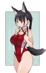  1girl animal_ears black_hair breasts brown_eyes cleavage commentary_request competition_swimsuit cowboy_shot dog_ears dog_tail geso_smith highres holding holding_whistle large_breasts long_hair one-piece_swimsuit original ponytail red_swimsuit solo standing swimsuit tail whistle whistle_around_neck 