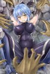 1girl bdsm blue_hair bodysuit bondage bound bound_wrists clenched_teeth cosplay covered_navel covered_nipples eyebrows_visible_through_hair fishnet_bodysuit fishnets highres igawa_asagi igawa_asagi_(cosplay) imminent_rape impossible_bodysuit impossible_clothes kotatsu_(kotatsu358) looking_at_viewer ninja restrained scared shiny shiny_clothes short_hair silver_trim solo_focus taimanin_(series) taimanin_asagi taimanin_suit teeth yellow_eyes 